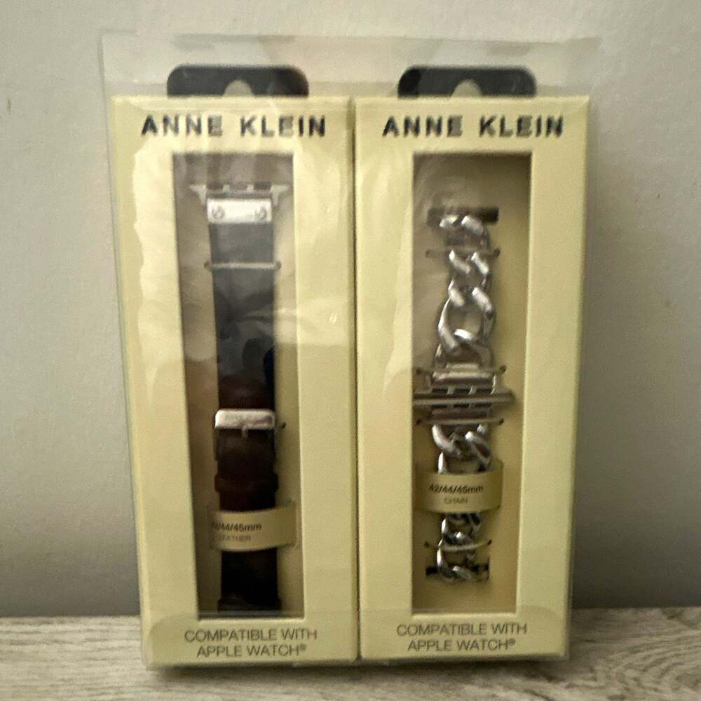 Anne Klein Apple Watch Strap 42/44/45mm Leather Black Band and Silver Chain